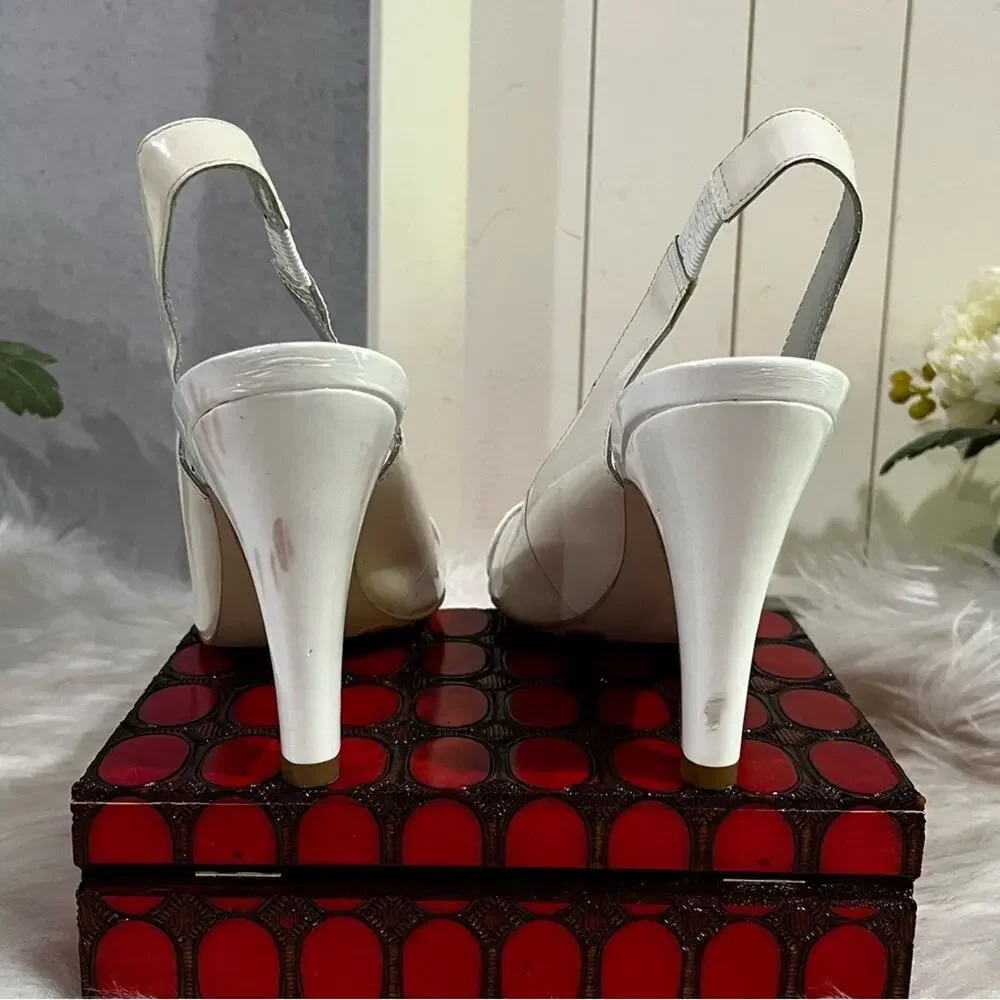 NEW BCBG Girls Patent Leather Buckle Peep Toe Slingback Heels White 36 6 AS IS